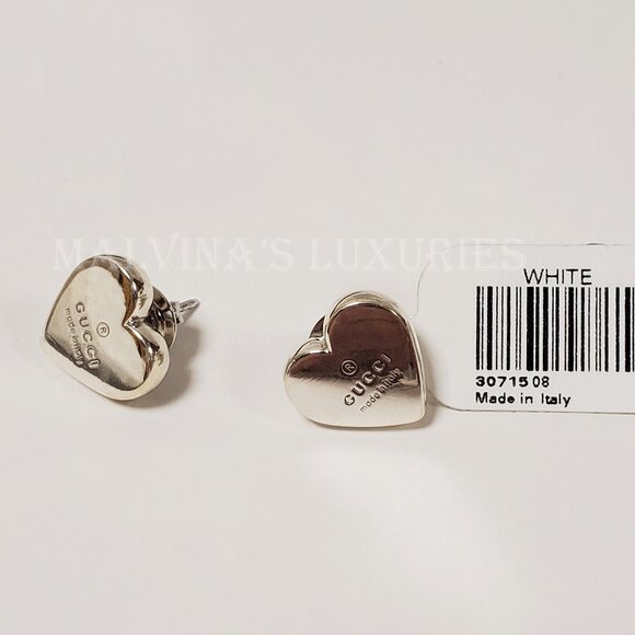 GUCCI EARRINGS STERLING SILVER HEART STUD TRADEMARK LOGO - Picture 2 of 7